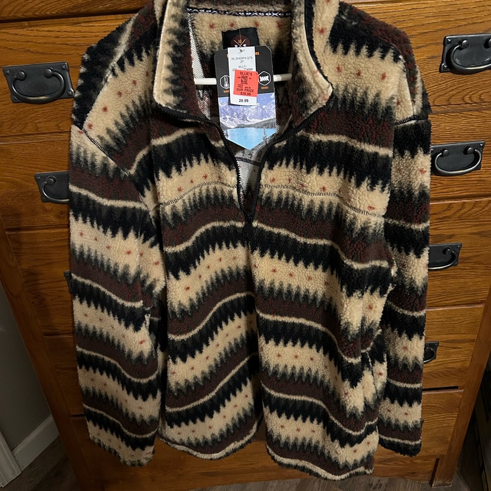 Cream and Black Zip Up Sweater with Geometric Pattern